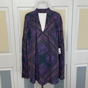Free People Tunic Top XS Purple Black Boho High Neck Long Sleeve Blouse NWT